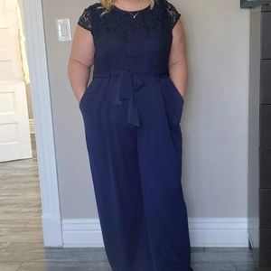 Size 22 Love and Legend Navy Wide Leg Jumpsuit with Lace top and tie waist